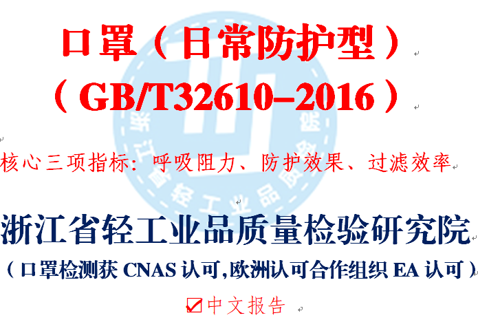 日常防护型口罩 （GB/T32610-2016） 核心三项指标：呼吸阻力、防护效果、过滤效率